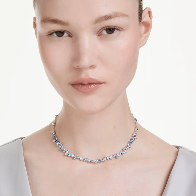 Rhodium Plated Necklace with White and Blue Crystals in Mixed Cuts - 17