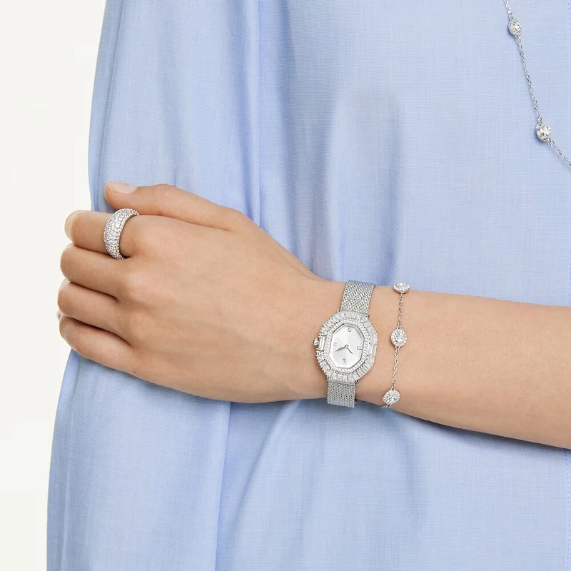 Rhodium Plated Chain Bracelet with Round Crystals - 9.5