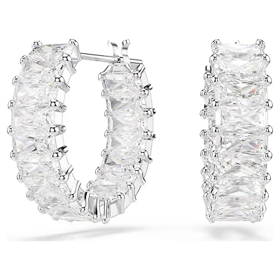 Rhodium Plated Hoops Earrings with Baguette Cut Crystals. Color: white | Doucet Latendresse