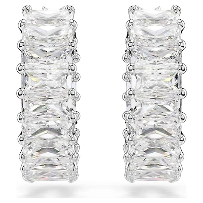 Rhodium Plated Hoops Earrings with Baguette Cut Crystals. Color: white | Doucet Latendresse