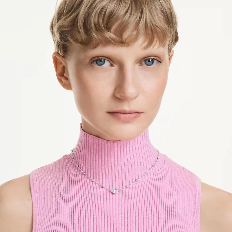 Rhodium Plated Necklace with Round Cut Crystals - 18