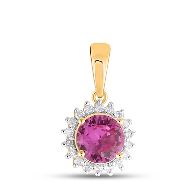 10k Gold Pendant with a Synthetic Pink Sapphire 0.70CT and Diamonds - 8 Pts - 8mm. Color: yellow | Doucet Latendresse