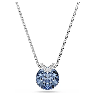 Rhodium Plated Pendent with Round Cut Blue Crystal and Chain - 17