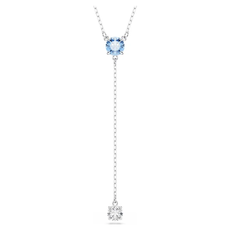 Rhodium Plated Necklace with Round Cut Blue Crystal - 18