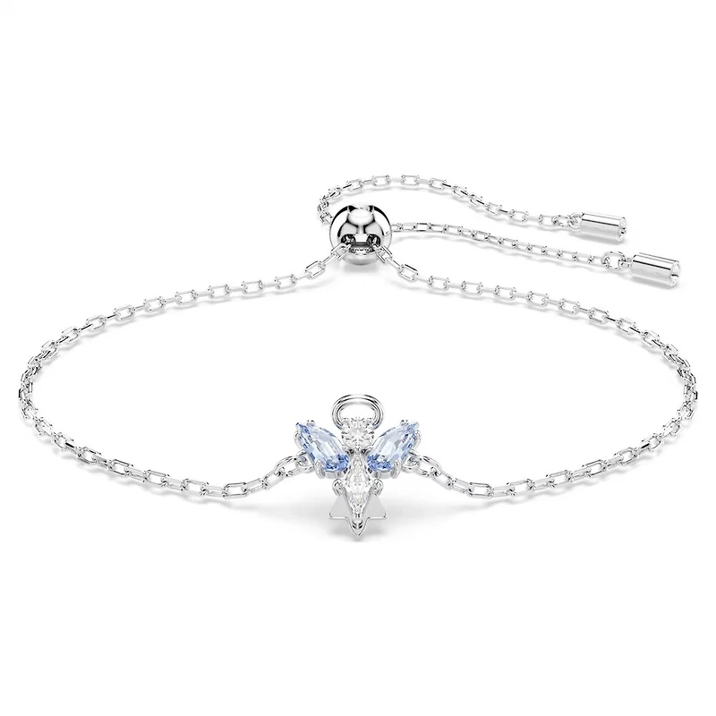Bracelet Ange en Métal Rhodié Serti de Cristaux Swarovski Bleus - 24 cm. Color: blanc | Doucet Latendresse