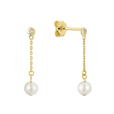 10K Gold Drop Earrings with Pearls Set with 2 Diamonds – 3Pts. Color: yellow | Doucet Latendresse