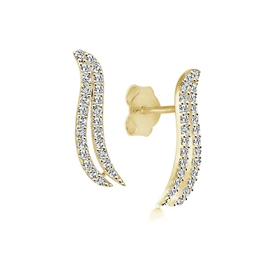 10k Gold Wave-Shaped Stud Earrings (2 Rows) Set with Cubic Zirconia. Color: yellow | Doucet Latendresse