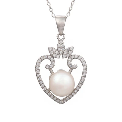 Rhodium Plated Sterling Silver Heart Pendant with Pearl, Cubic Zirconia and Chain - 16