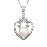 Rhodium Plated Sterling Silver Heart Pendant with Pearl, Cubic Zirconia and Chain - 16