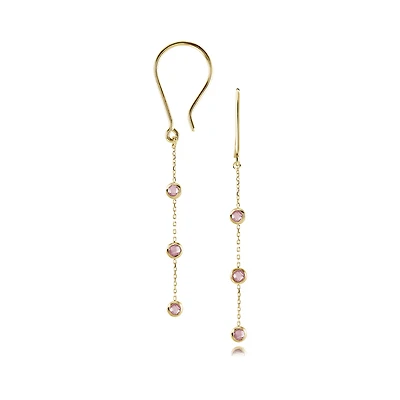 10K Gold Earrings with Chain Set with 3 Pink Cubic Zirconia. Color: yellow | Doucet Latendresse