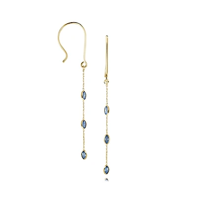10K Gold Drop Earrings with 3 Blue Cubic Zirconia Stones. Color: yellow | Doucet Latendresse