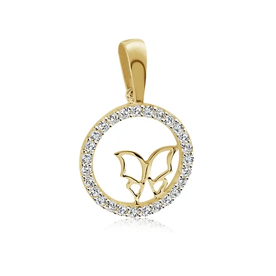 Pendentif Cercle Serti de Zircons Cubiques avec Papillon en Or 10k. Color: jaune | Doucet Latendresse