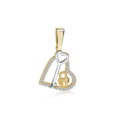 10k Gold Heart Pendant with Key and Padlock Set with Cubic Zirconia. Color: 2 tone | Doucet Latendresse