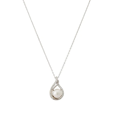 Silver Pendant Set with a Pearl and Cubic Zirconia Stones with Chain - 16