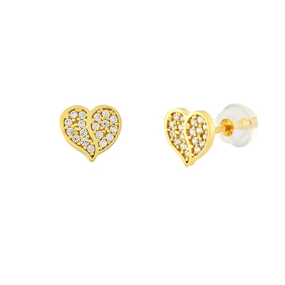 10K Gold Heart Stud Earrings Set with Cubic Zirconia. Color: yellow | Doucet Latendresse