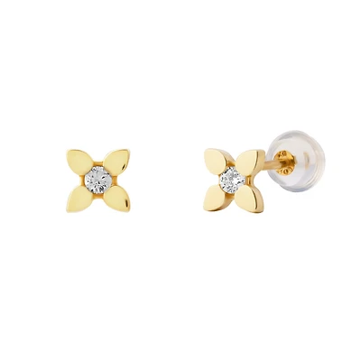 10K Gold Four-Leaf Clover Stud Earrings Set with a Cubic Zirconia. Color: yellow | Doucet Latendresse