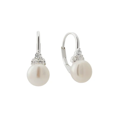 Sterling Silver Freshwater Pearl Earrings Set with Cubic Zirconia - 8mm. Color: white | Doucet Latendresse