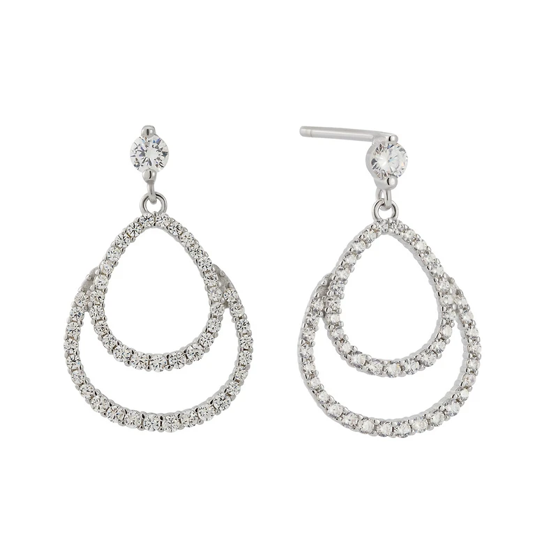 Boucles d’Oreilles Gouttes en Argent Serties de Deux Rangées de Zircons Cubiques. Color: blanc | Doucet Latendresse