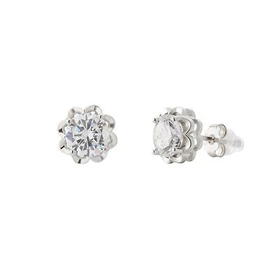 Silver Flower Motif Earrings Set with a Cubic Zirconia. Color: white | Doucet Latendresse