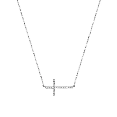 10K White Gold Cross Necklace Set with 2 Diamonds. Color: white | Doucet Latendresse