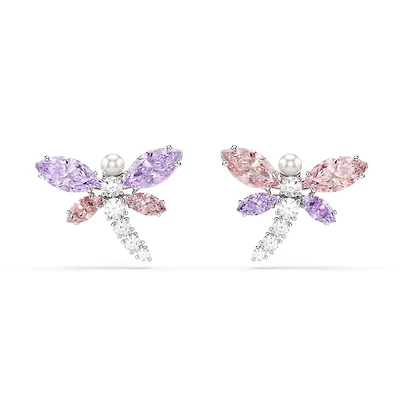 Boucles d’Oreilles Fixe en Forme de Libellule en Métal Rhodié Serties de Cristaux Swarovski - 18mm. Color: blanc | Doucet Latendresse
