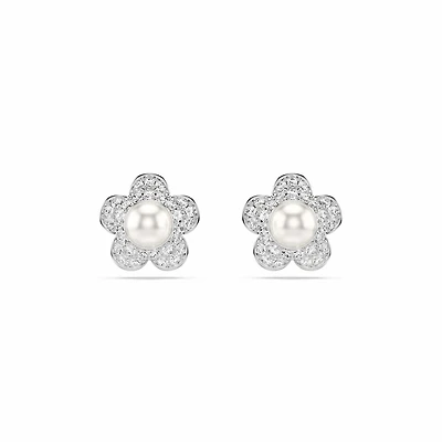 Boucles d’Oreilles Fixe Fleur en Métal Rhodié Serties de Perles et de Cristaux Swarovski - 11mm. Color: blanc | Doucet Latendresse