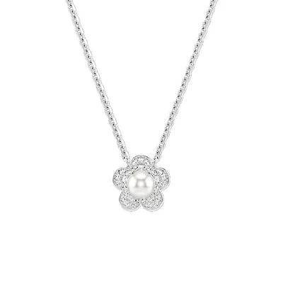 Angelic Necklace with Flower Pendant Set with a Pearl and Swarovski Crystals - 45cm. Color: white | Doucet Latendresse