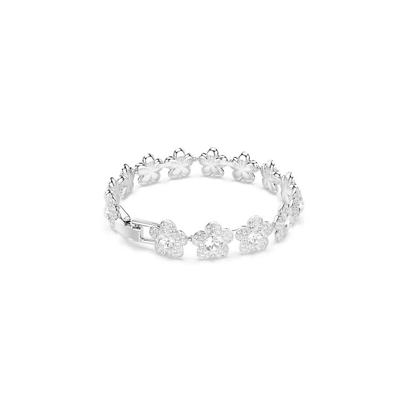 Bracelet en Métal Rhodié avec Fleurs Serties de Cristaux Swarovski - 20.7cm. Color: blanc | Doucet Latendresse