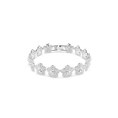 Rhodium-Plated Metal Bracelet with Flowers Set with Swarovski Crystals - 20.7cm. Color: white | Doucet Latendresse