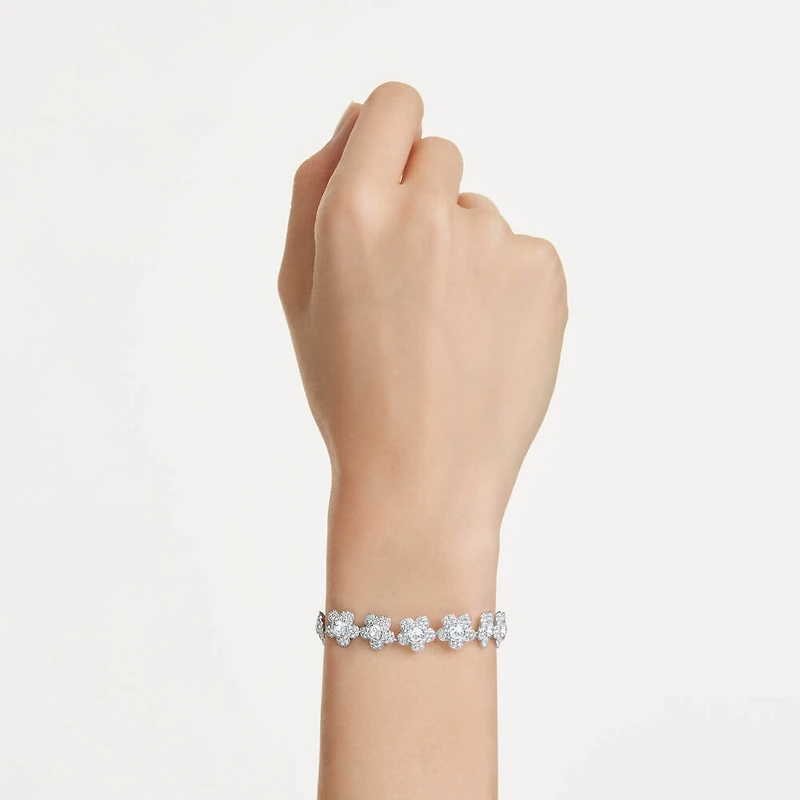 Bracelet en Métal Rhodié avec Fleurs Serties de Cristaux Swarovski - 20.7cm. Color: blanc | Doucet Latendresse