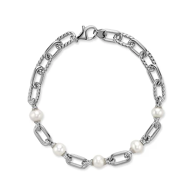 Sterling Silver Bracelet with Pearls and Link Chains. Color: white | Doucet Latendresse