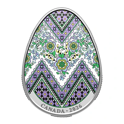 Pièce de 20$ en argent fin 2026: Œuf pyssanka - 45 mm x 33 mm | Doucet Latendresse