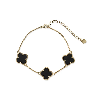 Yellow Sterling Silver Bracelet with Black Onyx Clovers. Color: yellow | Doucet Latendresse