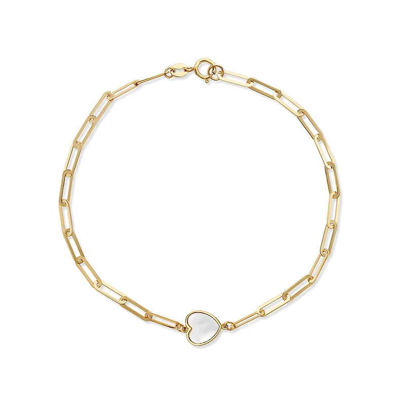 Bracelet avec Mailles Entrelacées et Coeur Nacre en Or 10K - 7.5