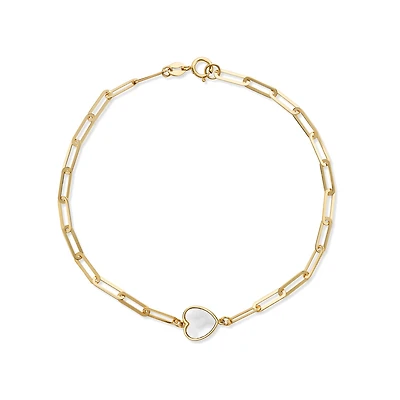 Bracelet avec Mailles Entrelacées et Coeur Nacre en Or 10K - 7.5