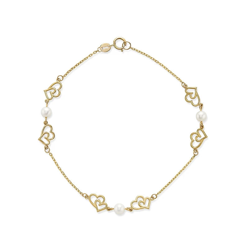 Bracelet avec Mailles Coeurs Inséparables et Perle en Or 10k - 7.5