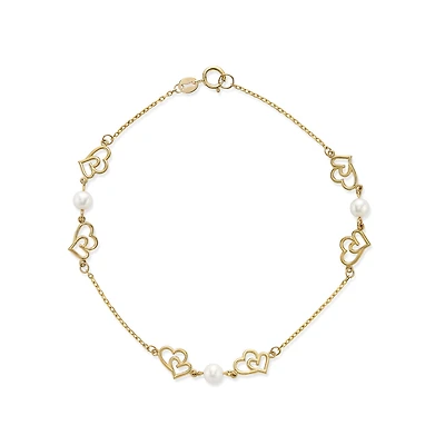 Bracelet avec Mailles Coeurs Inséparables et Perle en Or 10k - 7.5