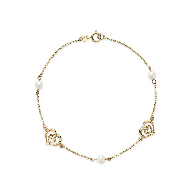 Bracelet avec Mailles Coeurs et Perles en Or 10k - 7.5