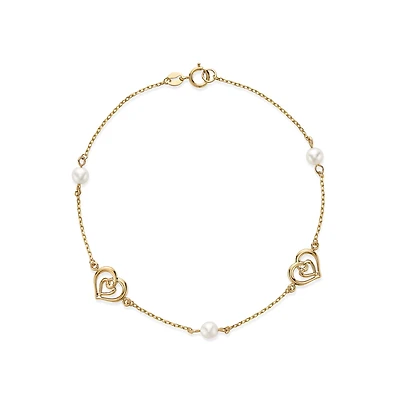 Bracelet avec Mailles Coeurs et Perles en Or 10k - 7.5