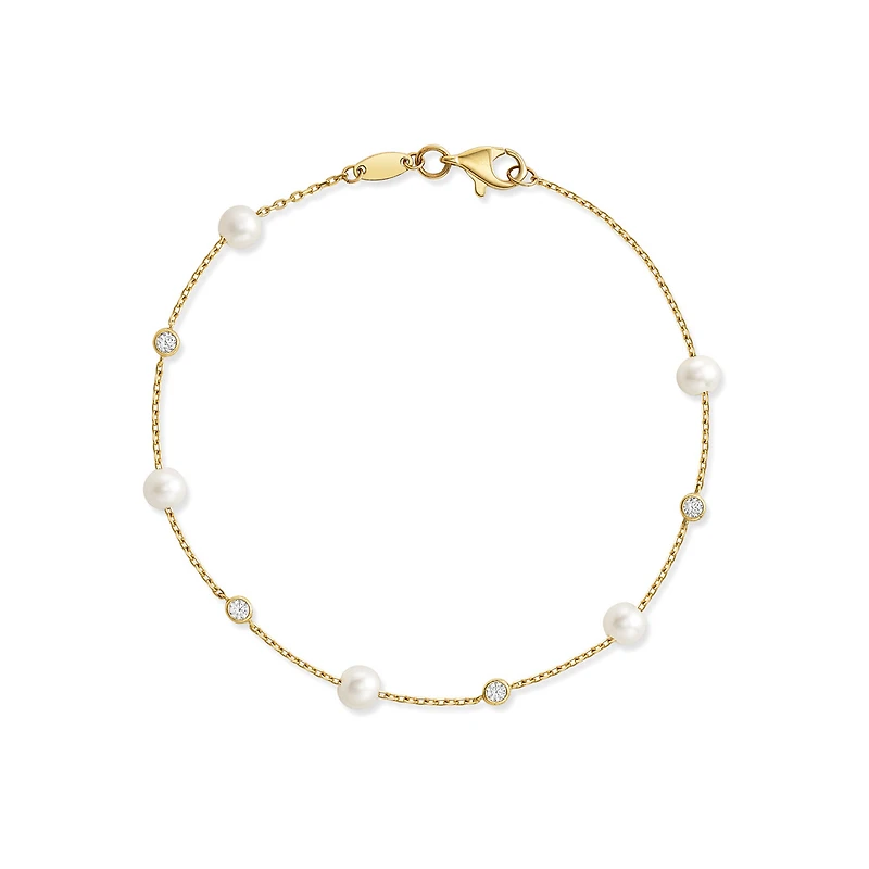 10K Gold Chain Bracelet with Beads and Cubic Zirconia - 7.5