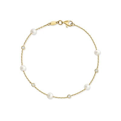 10K Gold Chain Bracelet with Beads and Cubic Zirconia - 7.5