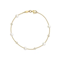 10K Gold Chain Bracelet with Beads and Cubic Zirconia - 7.5