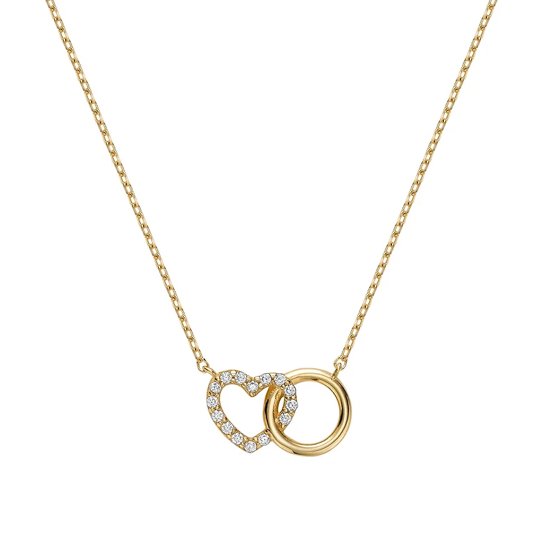 10k Gold Necklace with Interlocking Circle and Heart, Set with Cubic Zirconia - 18