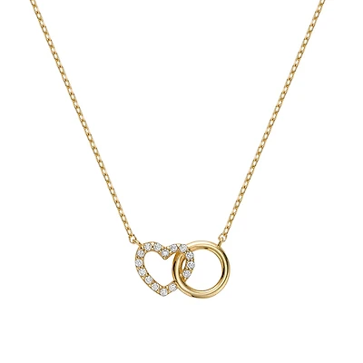 10k Gold Necklace with Interlocking Circle and Heart, Set with Cubic Zirconia - 18