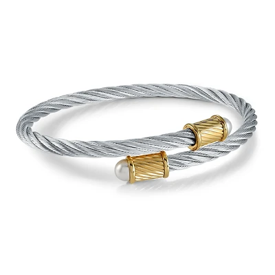 Two-Tone Gold-Plated Stainless Steel Twisted Cable Bracelet with Synthetic Beads - 6.5