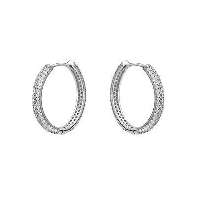 Sterling Silver Hoop Earrings Set with Cubic Zirconia - 9mm x 7mm. Color: white | Doucet Latendresse