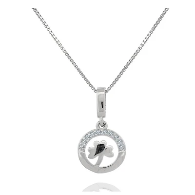 Chaine avec Pendentif Cercle et Trèfle en Argent Sterling Serti de Zircons Cubiques. Color: blanc | Doucet Latendresse