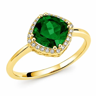 10K Gold Ring Set with 24 Diamonds and a Synthetic Emerald. Color: yellow | Doucet Latendresse