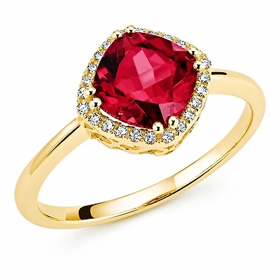 Bague en Or 10K Sertie de 24 Diamants et d'un Rubis Synthétique. Color: jaune | Doucet Latendresse