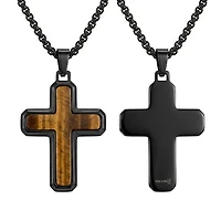 Collier avec Pendentif Croix en Acier Noir et Oeil de Tigre - 32mm. Color: noir | Doucet Latendresse